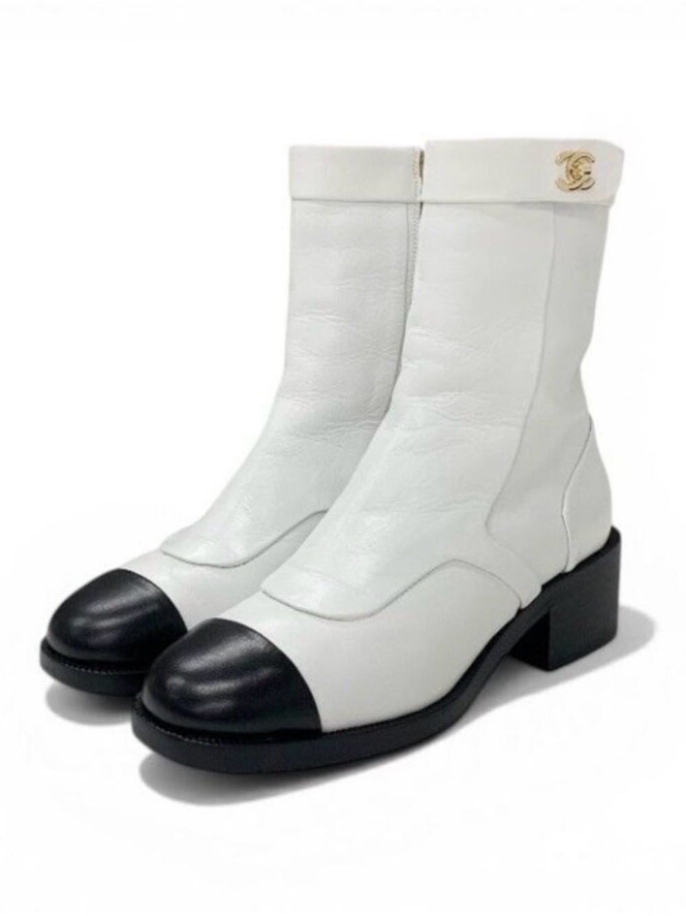 CHANEL White Leather Ankle Boots with Black Cap Toes